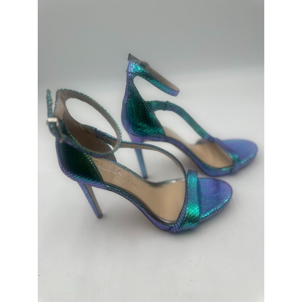 Jessica Simpson Iridescent Metallic Snakeskin Ankle Strap Heels Stilettos Sz 8M - Picture 2 of 8
